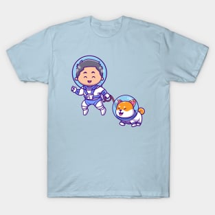 Cute Boy Astronaut Floating Shiba Inu Dog Cartoon T-Shirt